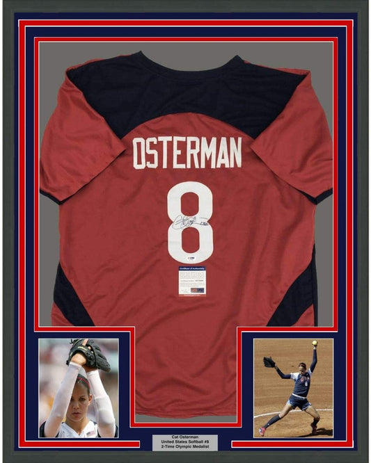 Framed Autographed/Signed Cat Osterman USA 35x39 United States Red Team Softball Jersey JSA COA