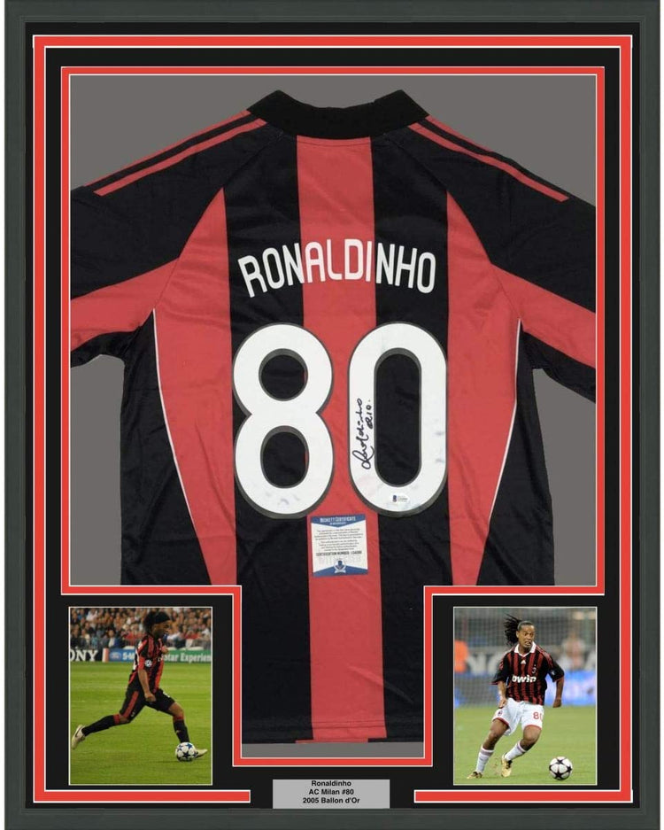 Framed Autographed/Signed Ronaldinho 35x39 AC Milan Red/Black Soccer Futbol Jersey Beckett BAS COA