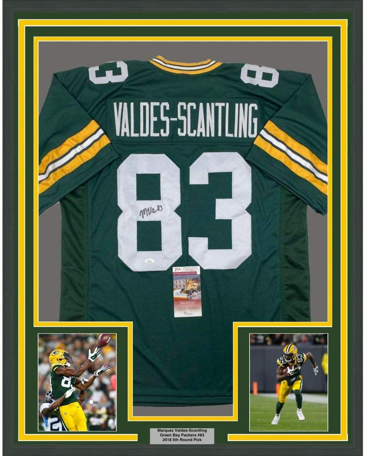 Framed Autographed/Signed Marquez Valdes-Scantling 35x39 Green Bay Green Football Jersey JSA COA