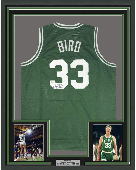 Framed Autographed/Signed Larry Bird 35x39 Boston Green Basketball Jersey Athlete Hologram COA