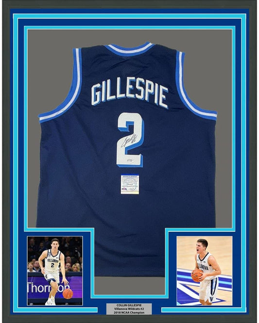 Framed Autographed/Signed Collin Gillespie 35x39 Villanova Blue College Basketball Jersey PSA/DNA COA