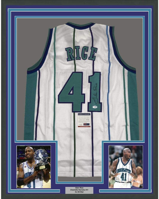 Framed Autographed/Signed Glen Rice 35x39 Charlotte White Basketball Jersey PSA/DNA COA