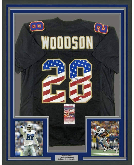 Framed Autographed/Signed Darren Woodson 35x39 Dallas USA Black Football Jersey JSA COA