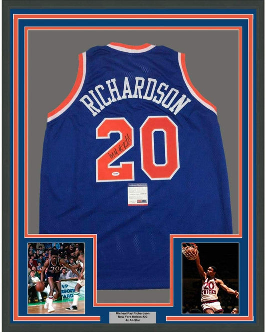 Framed Autographed/Signed Micheal Ray Richardson 35x39 New York Royal Blue Basketball Jersey PSA/DNA COA