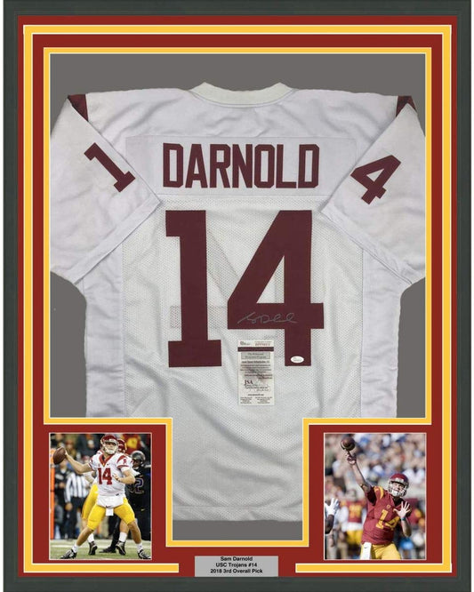 Framed Autographed/Signed Sam Darnold 35x39 USC Southen Cal White College Football Jersey JSA COA