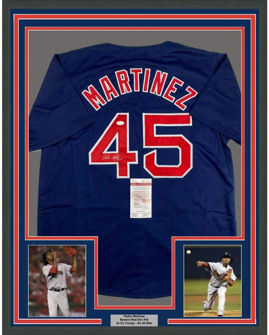 Framed Autographed/Signed Pedro Martinez 35x39 Boston Blue Baseball Jersey JSA COA