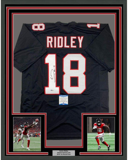 Framed Autographed/Signed Calvin Ridley 35x39 Atlanta Retro Black Football Jersey Beckett BAS COA