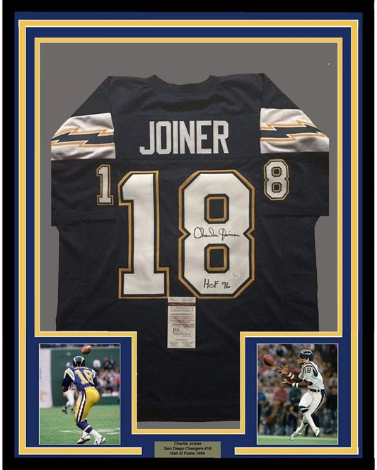 Framed Autographed/Signed Charlie Joiner"HOF 96" 35x39 San Diego Chargers Dark Blue Football Jersey JSA COA