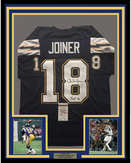 Framed Autographed/Signed Charlie Joiner"HOF 96" 35x39 San Diego Chargers Dark Blue Football Jersey JSA COA