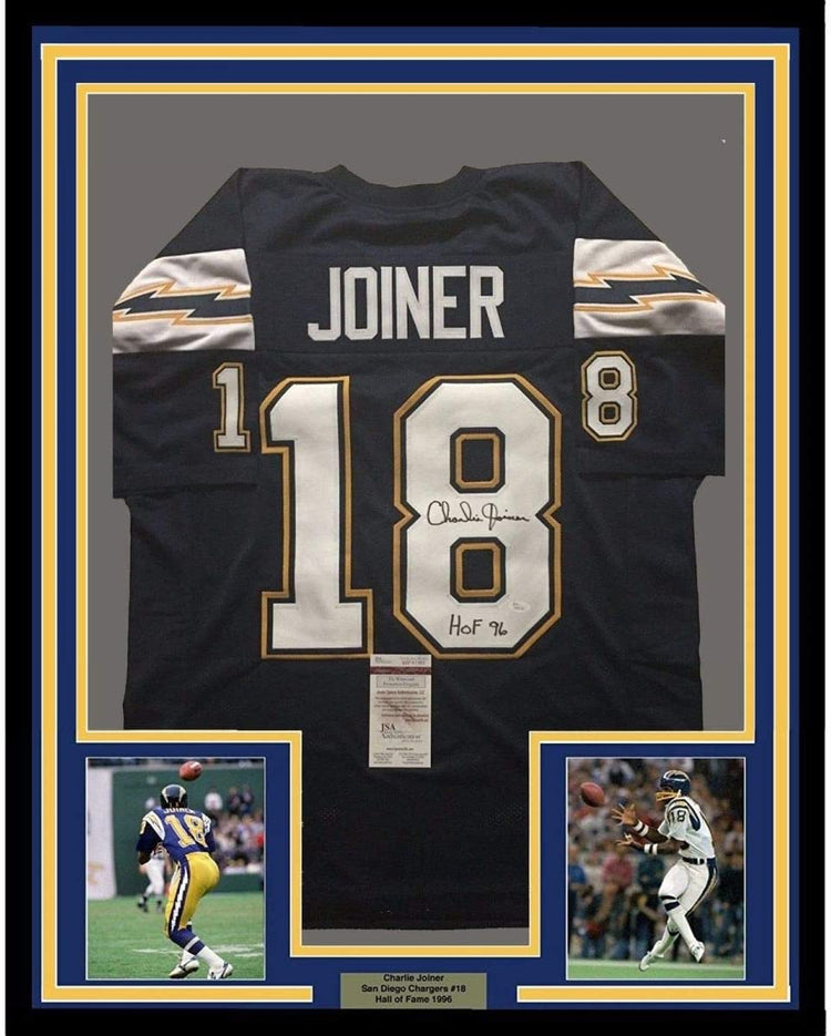 Framed Autographed/Signed Charlie Joiner"HOF 96" 35x39 San Diego Chargers Dark Blue Football Jersey JSA COA