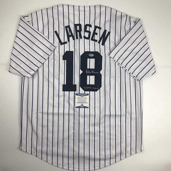 Autographed/Signed Don Larsen"WS PG 10-8-56" New York Pinstripe Baseball Jersey Beckett BAS COA