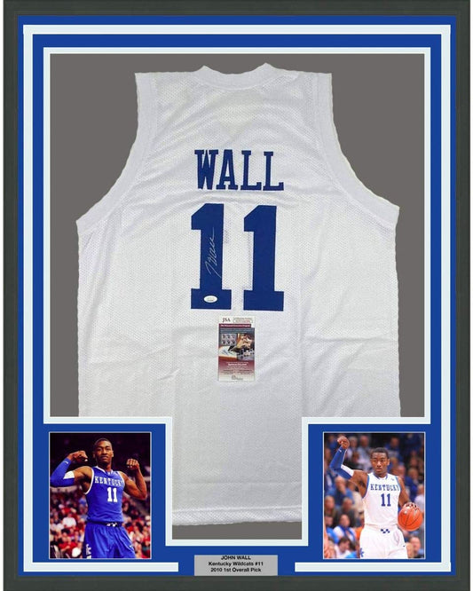 Framed Autographed/Signed John Wall 35x39 Kentucky White College Basketball Jersey JSA COA