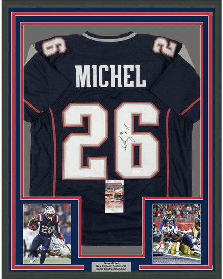 Framed Autographed/Signed Sony Michel 35x39 New England Blue Football Jersey JSA COA