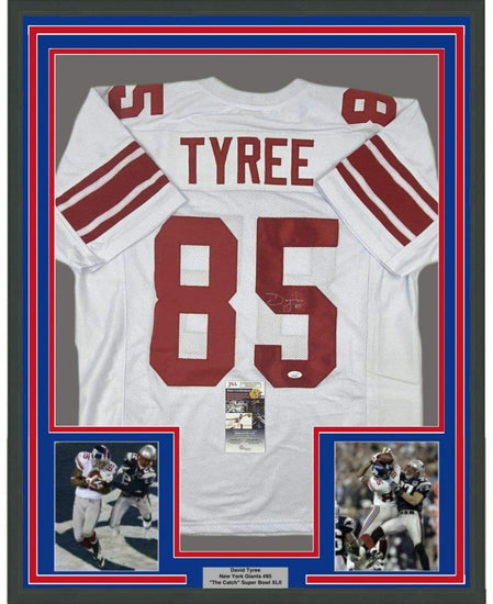 Framed Autographed/Signed David Tyree 35x39 New York White Super Bowl XLII Catch Football Jersey JSA COA