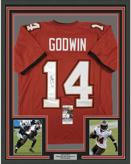 Framed Autographed/Signed Chris Godwin #14 35x39 Tampa Bay Red Football Jersey JSA COA