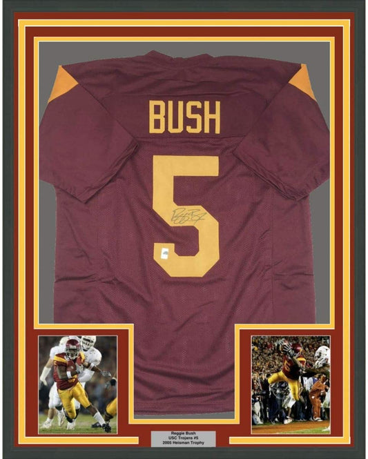 Framed Autographed/Signed Reggie Bush 35x39 USC Southen Cal Maroon College Football Jersey GTSM COA