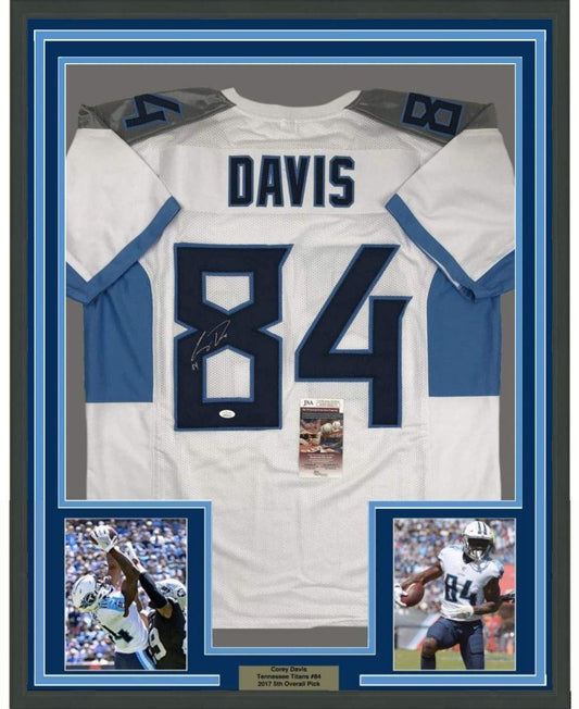 Framed Autographed/Signed Corey Davis 35x39 Tennessee 2018 White Football Jersey JSA COA