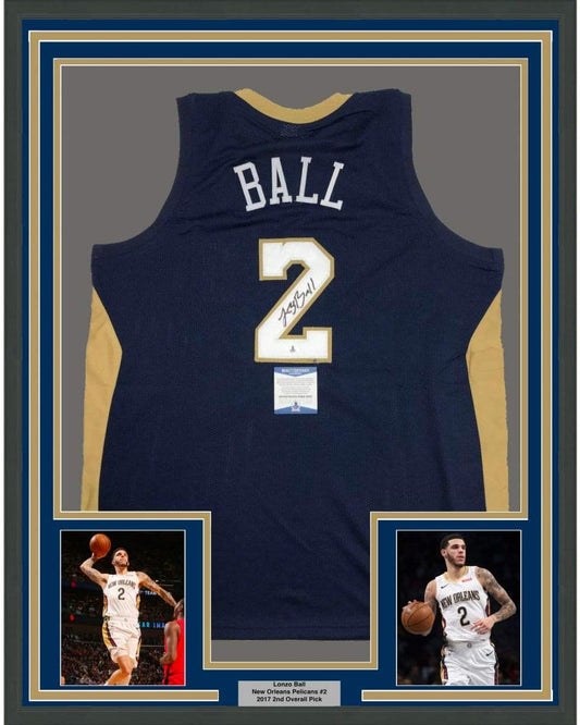 Framed Autographed/Signed Lonzo Ball 35x39 New Orleans Blue Basketball Jersey Beckett BAS COA