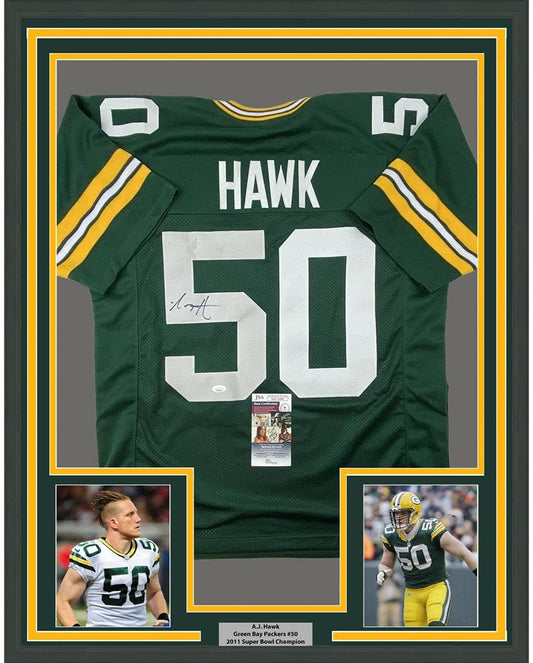 Framed Autographed/Signed AJ A.J. Hawk 35x39 Green Bay Green Football Jersey JSA COA