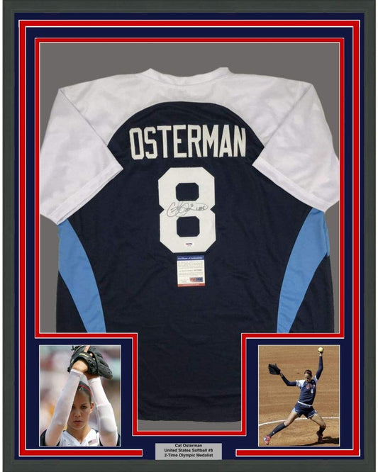 Framed Autographed/Signed Cat Osterman USA 35x39 United States Blue Team Softball Jersey JSA COA