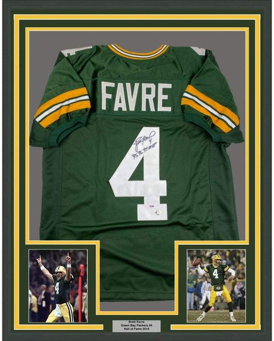 Framed Autographed/Signed Brett Favre 95 96 97 MVP 35x39 Green Bay Green Football Jersey PSA/DNA COA