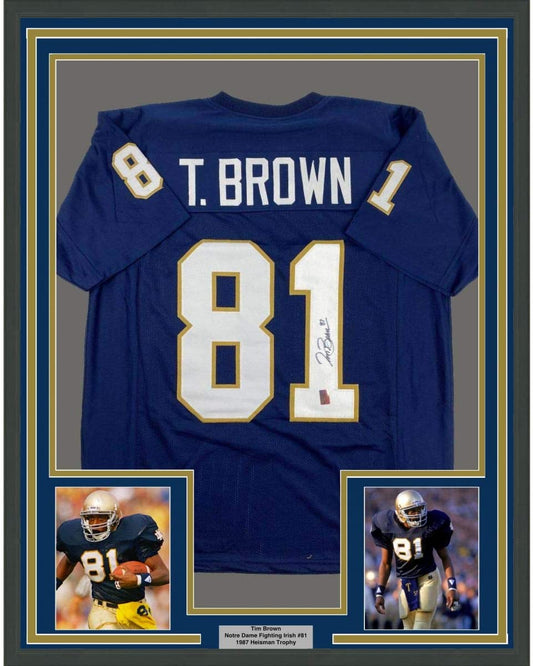 Framed Autographed/Signed Tim Brown 35x39 Notre Dame Blue College Football Jersey GTSM COA Holo Only