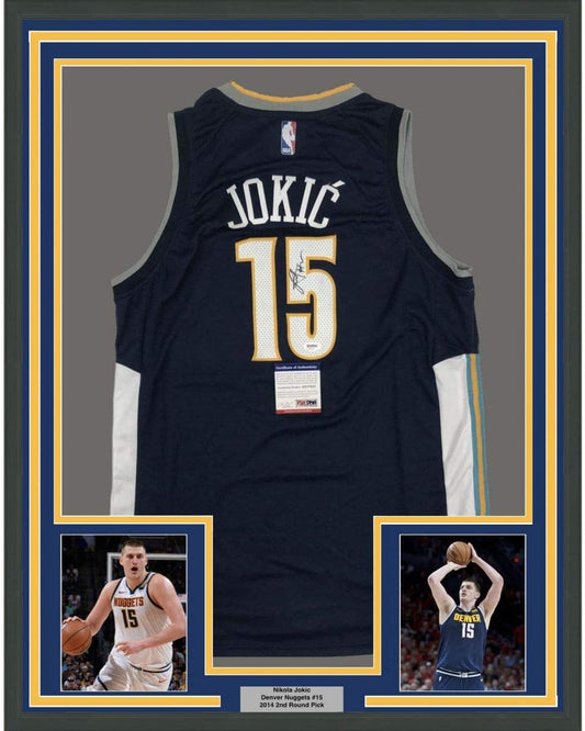 Framed Autographed/Signed Nikola Jokic 35x39 Denver Blue Basketball Jersey PSA/DNA COA