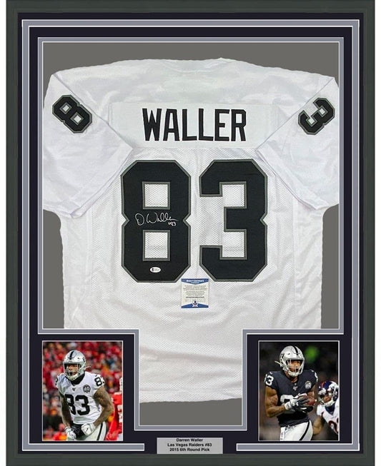 Framed Autographed/Signed Darren Waller 35x39 Las Vegas Oakland White Football Jersey Beckett BAS COA