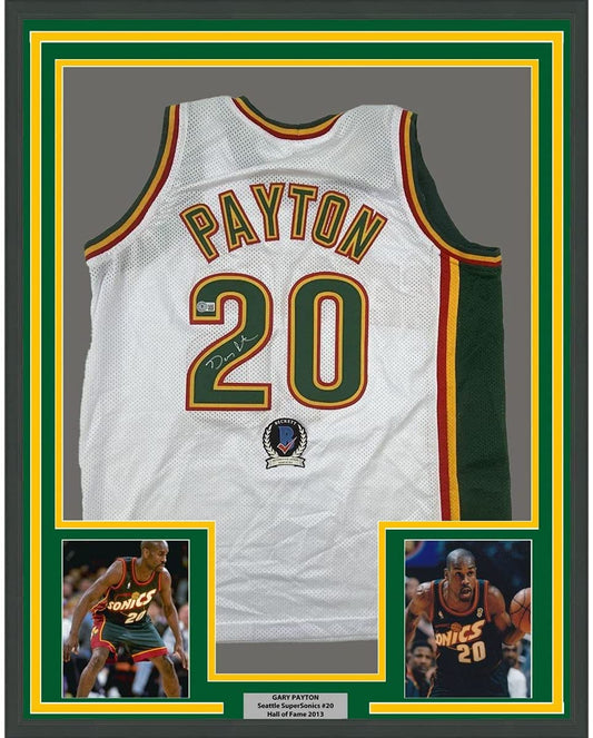 FRAMED Autographed/Signed Gary Payton 35x39 Seattle White Basketball Jersey Beckett BAS COA