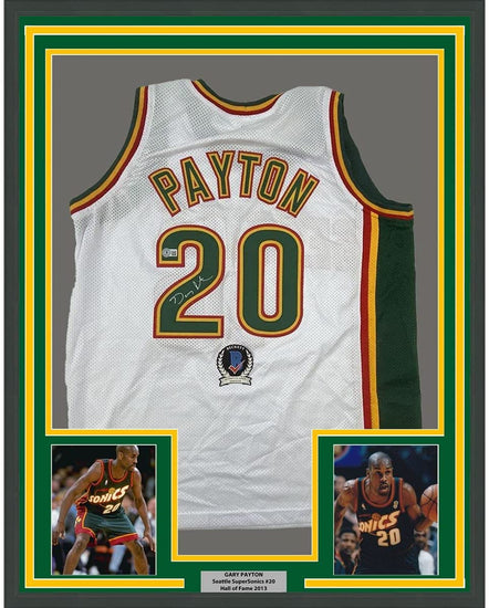 FRAMED Autographed/Signed Gary Payton 35x39 Seattle White Basketball Jersey Beckett BAS COA
