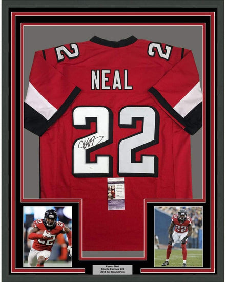 Framed Autographed/Signed Keanu Neal 35x39 Atlanta Red Football Jersey JSA COA