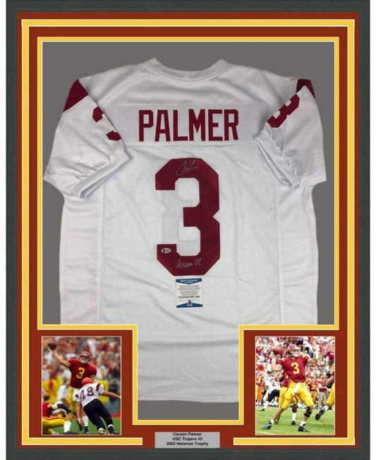 Framed Autographed/Signed Carson Palmer Heisman 02 35x39 USC Southen Cal White College Football Jersey Beckett BAS COA
