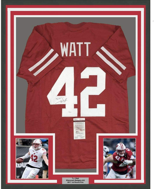 Framed Autographed/Signed TJ T.J. Watt 35x39 Wisconsin Red College Football Jersey JSA COA
