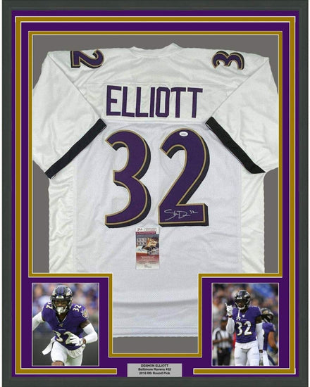 Framed Autographed/Signed DeShon Elliott 35x39 Baltimore White Football Jersey JSA COA