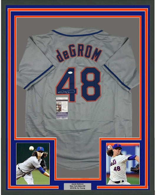 Framed Autographed/Signed Jacob DeGrom 35x39 New York NY Grey Baseball Jersey JSA COA