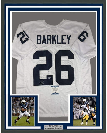 Framed Autographed/Signed Saquon Barkley 35x39 Penn State White College Football Jersey Beckett BAS COA