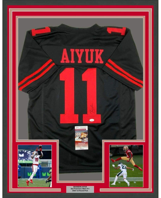 Framed Autographed/Signed Brandon Aiyuk 35x39 San Francisco Black Football Jersey JSA COA