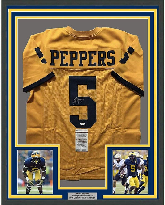 Framed Autographed/Signed Jabrill Peppers 35x39 Michigan Yellow College Football Jersey JSA COA