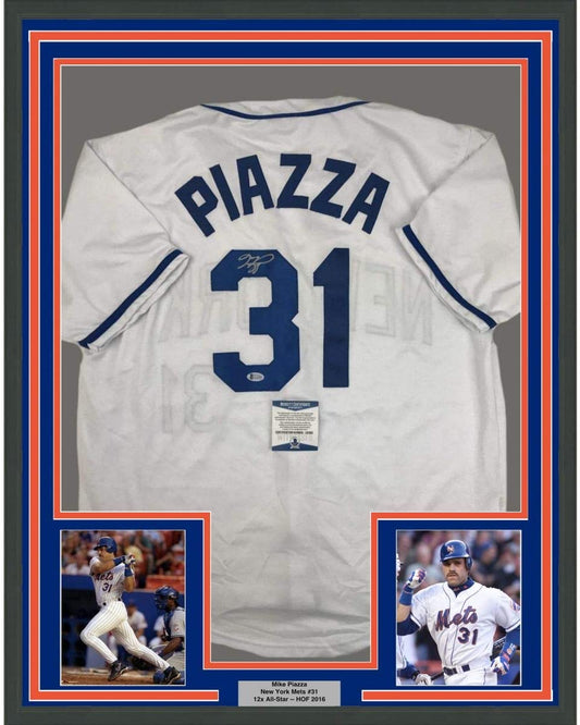Framed Autographed/Signed Mike Piazza 35x39 New York NY White Baseball Jersey Beckett BAS COA