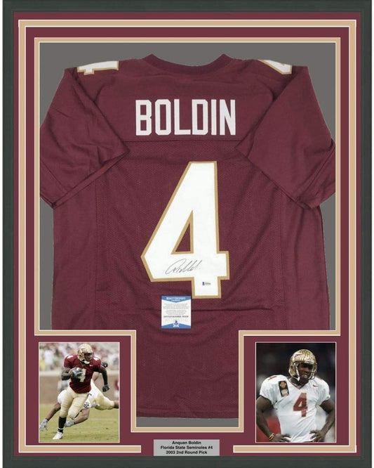 Framed Autographed/Signed Anquan Boldin 35x39 Florida State FSU Maroon College Football Jersey JSA COA