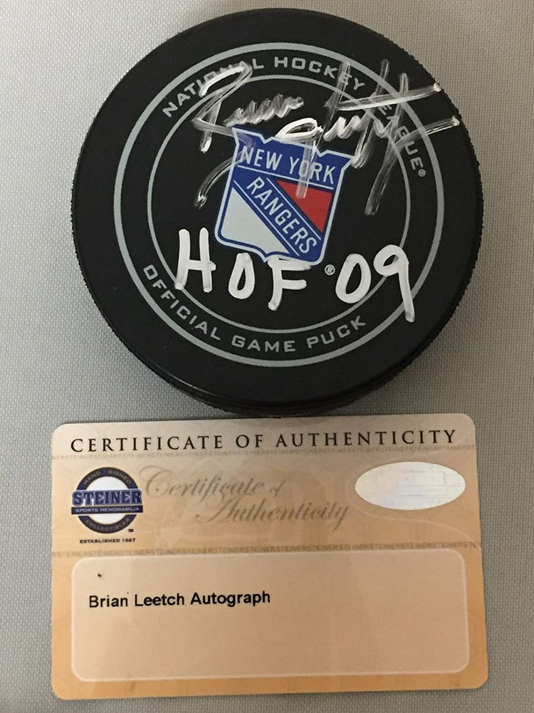 Autographed/Signed Brian Leetch"HOF 09" New York Rangers Official Game Hockey Puck Steiner Sports COA