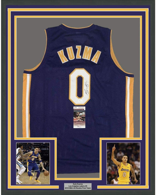 Framed Autographed/Signed Kyle Kuzma 35x39 Los Angeles LA Purple Basketball Jersey JSA COA