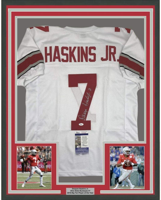 Framed Autographed/Signed Dwayne Haskins Jr. 35x39 Ohio State White College Football Jersey JSA COA