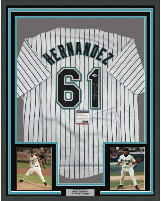 Framed Autographed/Signed Livan Hernandez 97 WS MVP 35x39 Florida Pinstripe Baseball Jersey PSA/DNA COA
