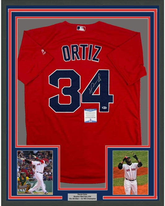 Framed Autographed/Signed David Ortiz 35x39 Boston Red Baseball Jersey Beckett BAS COA