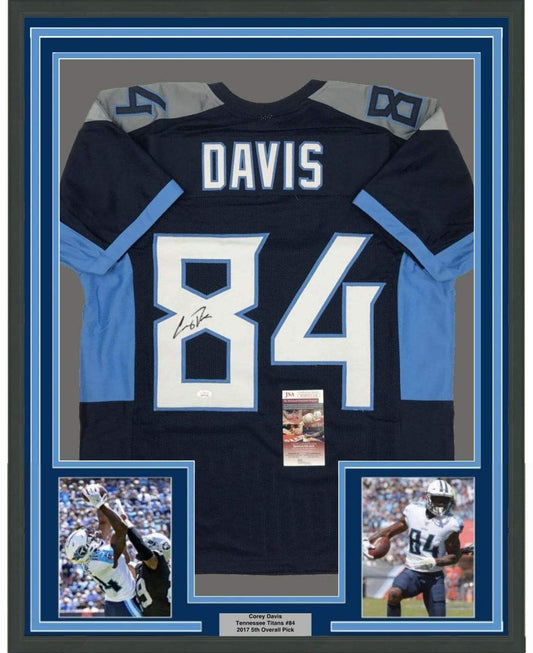 Framed Autographed/Signed Corey Davis 35x39 Tennessee 2018 Dark Blue Football Jersey JSA COA