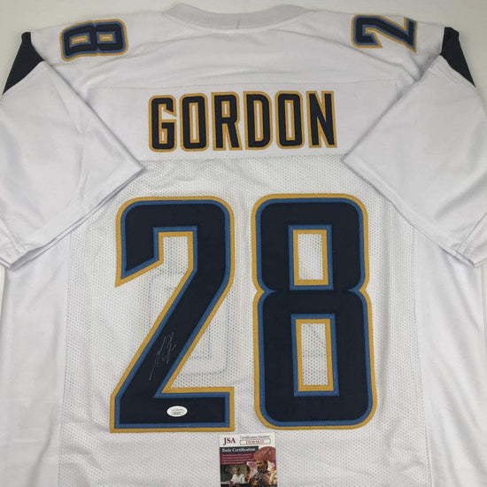 Autographed/Signed Melvin Gordon Los Angeles LA White Football Jersey JSA COA