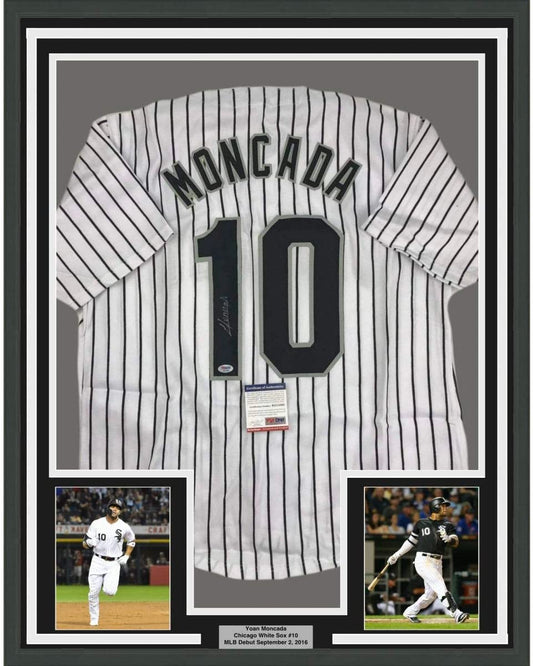 Framed Autographed/Signed Yoan Moncada 35x39 Chicago Pinstripe Baseball Jersey Beckett BAS COA