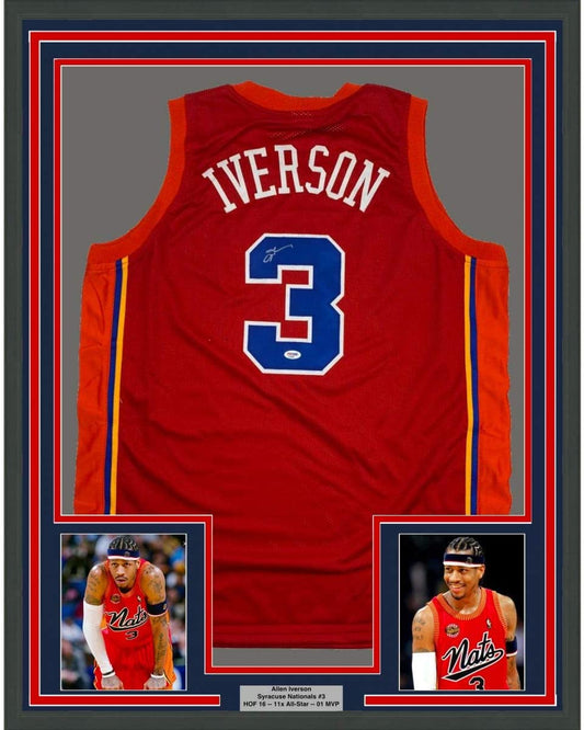 Framed Autographed/Signed Allen Iverson 35x39 Syracuse Nationals Nats Red Basketball Jersey PSA/DNA COA