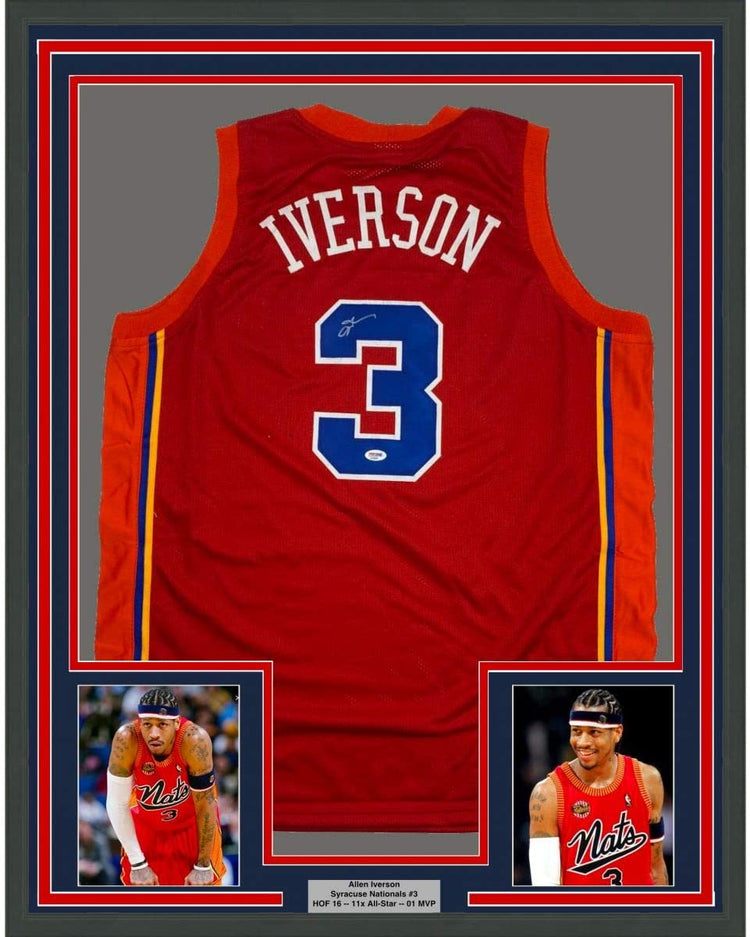 Framed Autographed/Signed Allen Iverson 35x39 Syracuse Nationals Nats Red Basketball Jersey PSA/DNA COA